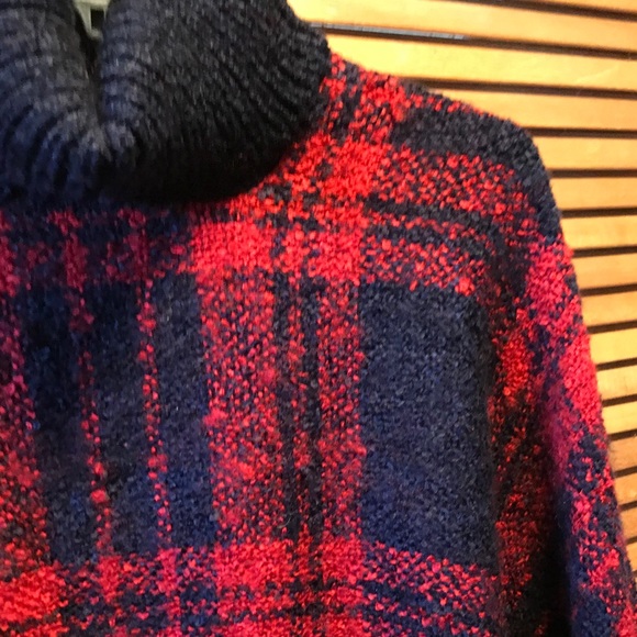 Navy Blue and Red Plaid Turtleneck Poncho - Picture 7 of 12